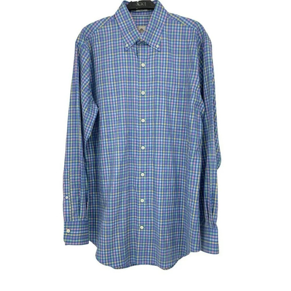 Peter Millar Shirt Men's M Blue Plaid Nanolux Easy Care Button Down Long Sleeves - Picture 1 of 8